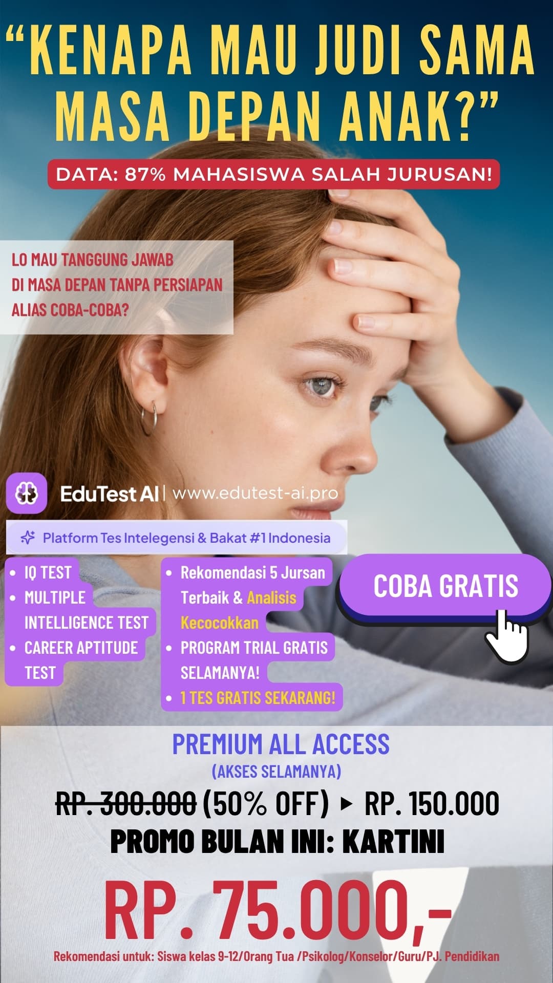 Flyer Promo EduTest — Tes Intelegensi dan Bakat untuk Pemilihan Jurusan. Promo Rp 75.000 akses selamanya.